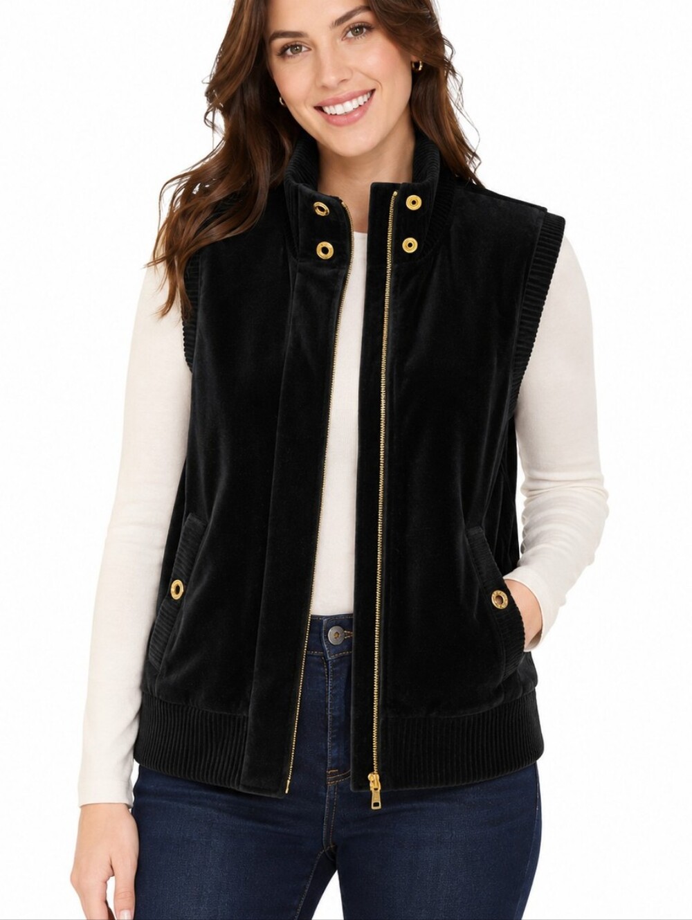 Jones New York Signature Black Velvet Velour Vest Gold Hardware Full Zip Large